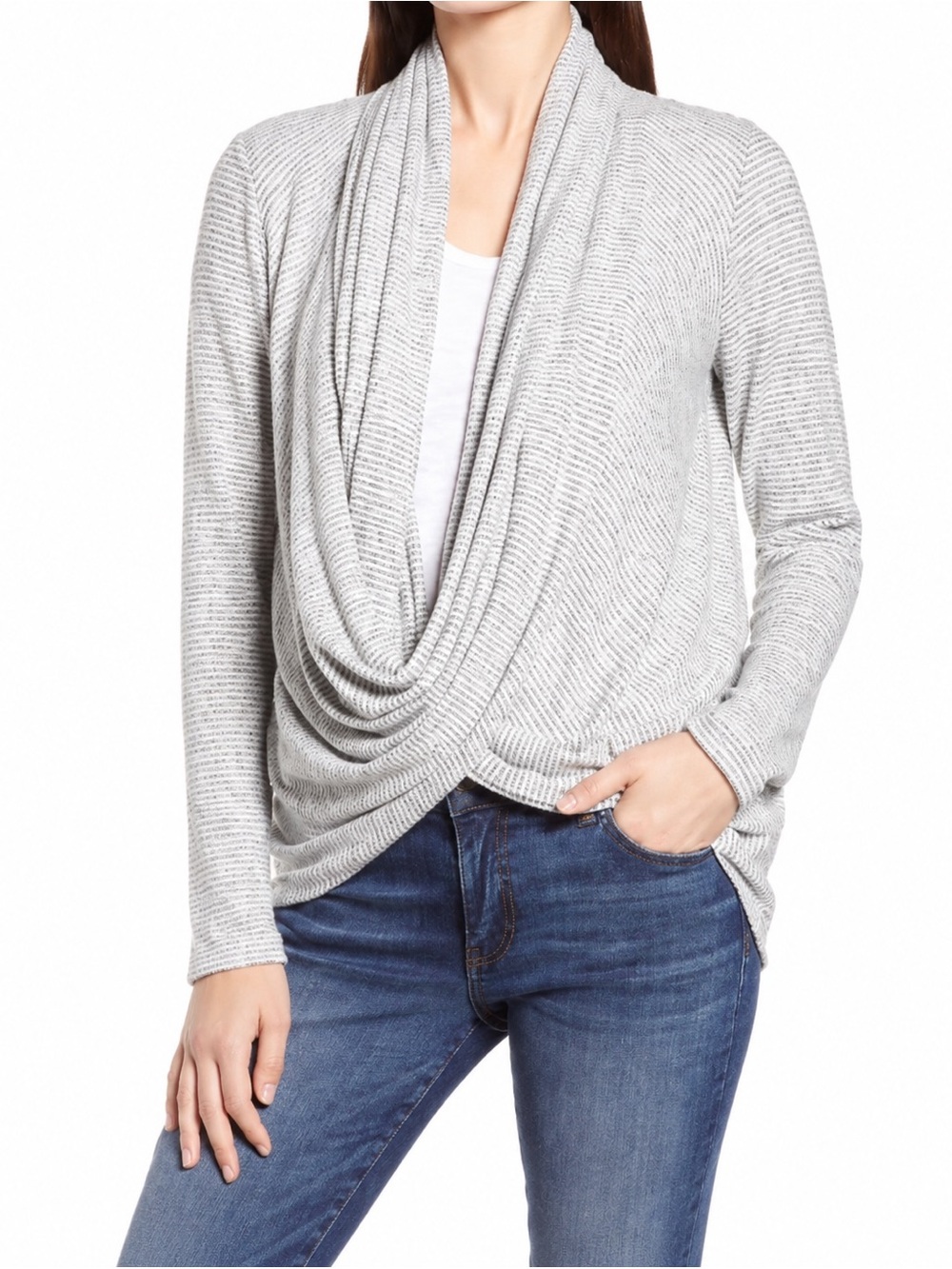 Gibson Drape Cowl Neck Top Long Sleeve Shirt Grey White Striped Knit Medium